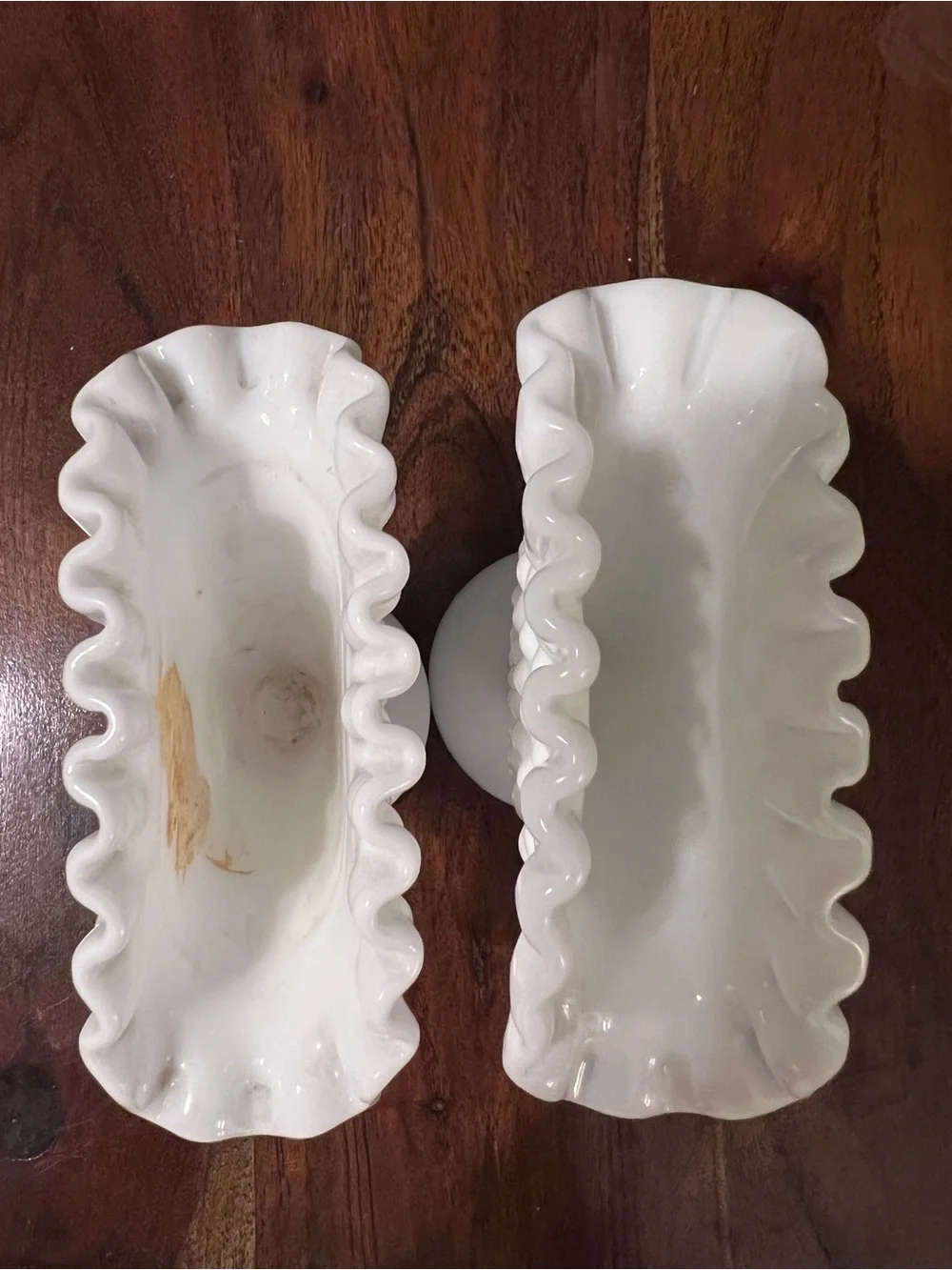 Vintage Fenton Milk Glass Hobnail Fan Vases Ruffled Pair